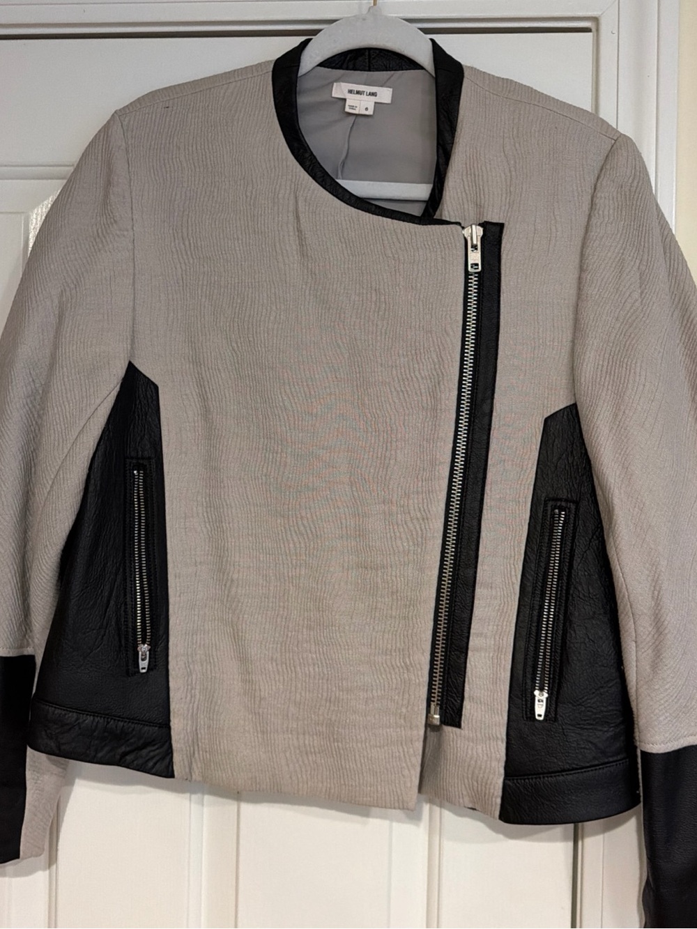 Helmut Lang Two-Tone Asymmetric Zip Jacket in Light Gray and Black leather sz6